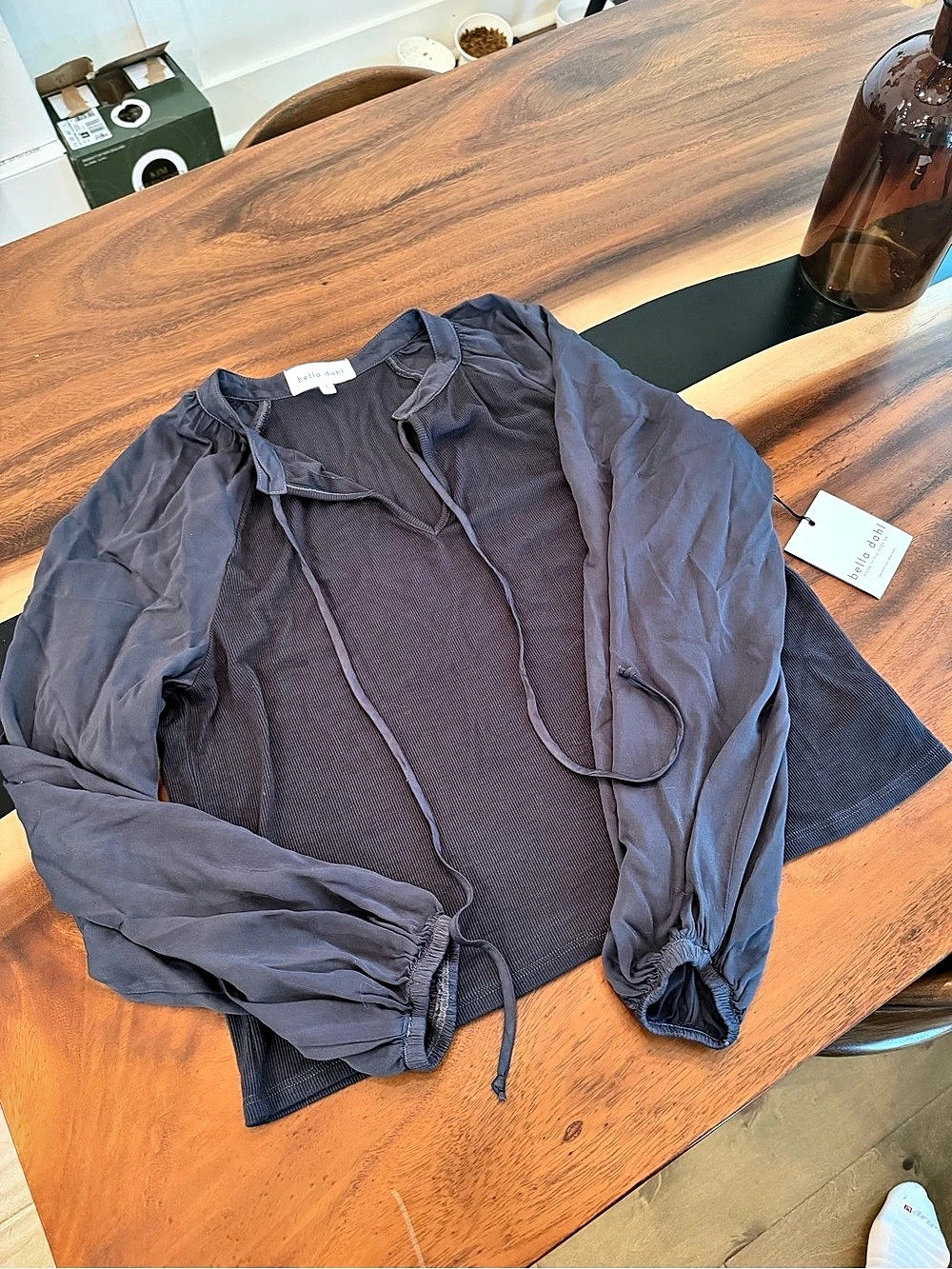 bella dahl Tie Neck Rib Mixed Media Top Women's navy Blouse